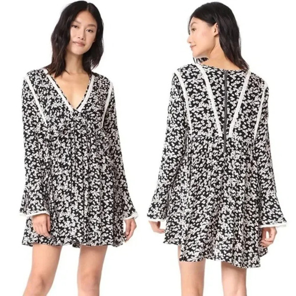 Free People Like You Best Mini Dress  In Black Floral Combo Size Small - Picture 3 of 14